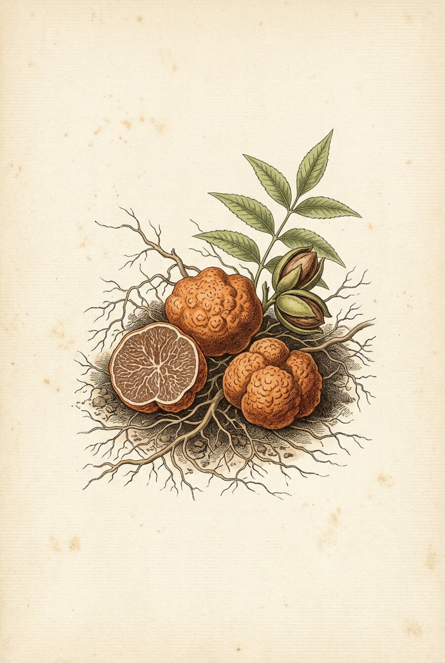Hand-colored engraving of pecan truffles, one cut open, among pecan roots and leaves