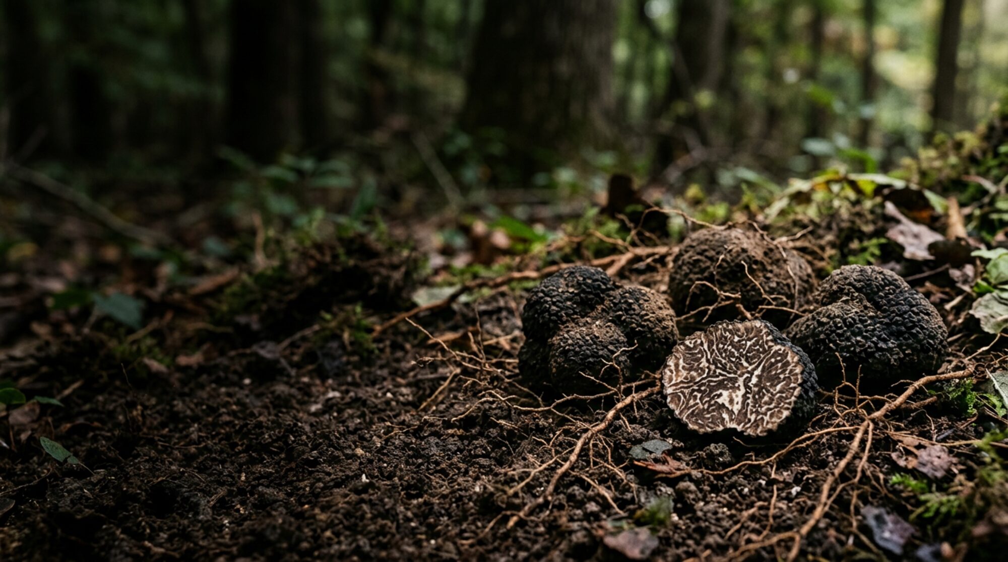 Dark truffles resting on soil among fine roots